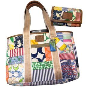 Coach Vintage Y2K Hamptons Signature Patchwork Canvas Leather Tote Wallet Bundle